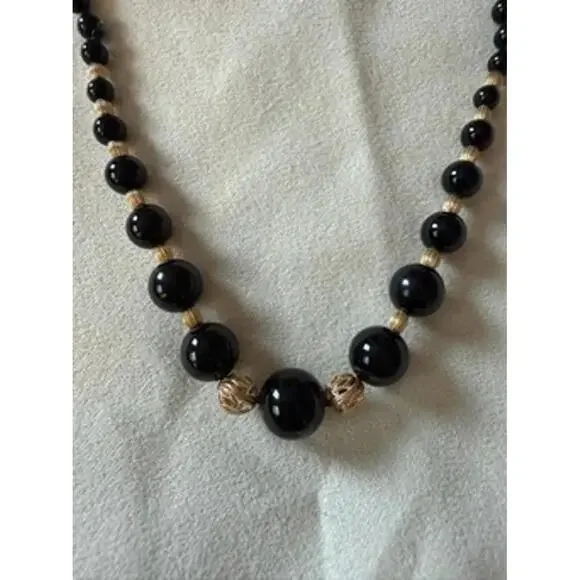 Vintage Black Onyx & 14k Gold Beaded Necklace - Picture 2 of 6